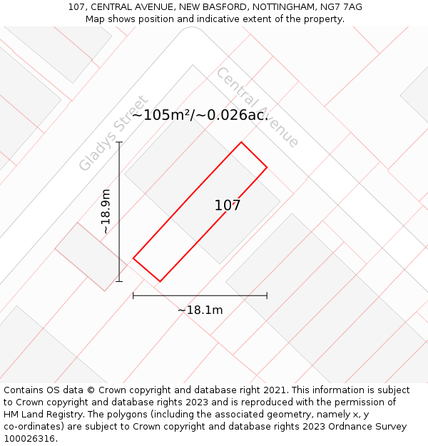 107, CENTRAL AVENUE, NEW BASFORD, NOTTINGHAM, NG7 7AG: Plot and title map