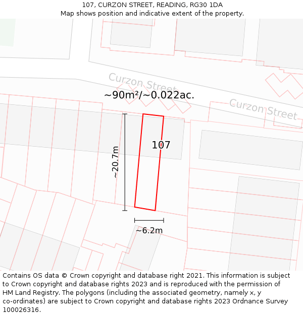 107, CURZON STREET, READING, RG30 1DA: Plot and title map