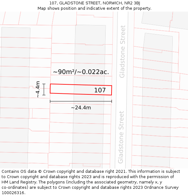 107, GLADSTONE STREET, NORWICH, NR2 3BJ: Plot and title map