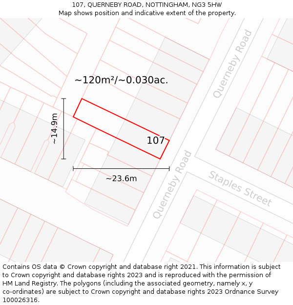 107, QUERNEBY ROAD, NOTTINGHAM, NG3 5HW: Plot and title map