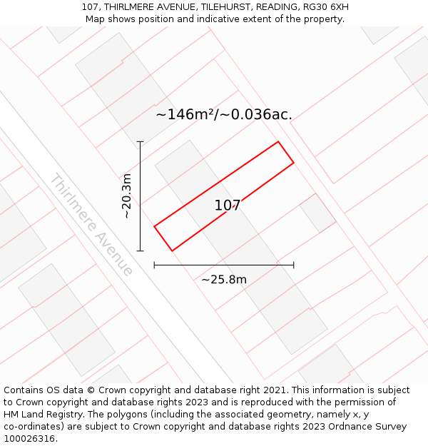 107, THIRLMERE AVENUE, TILEHURST, READING, RG30 6XH: Plot and title map