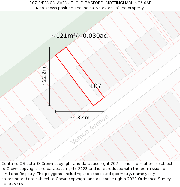 107, VERNON AVENUE, OLD BASFORD, NOTTINGHAM, NG6 0AP: Plot and title map