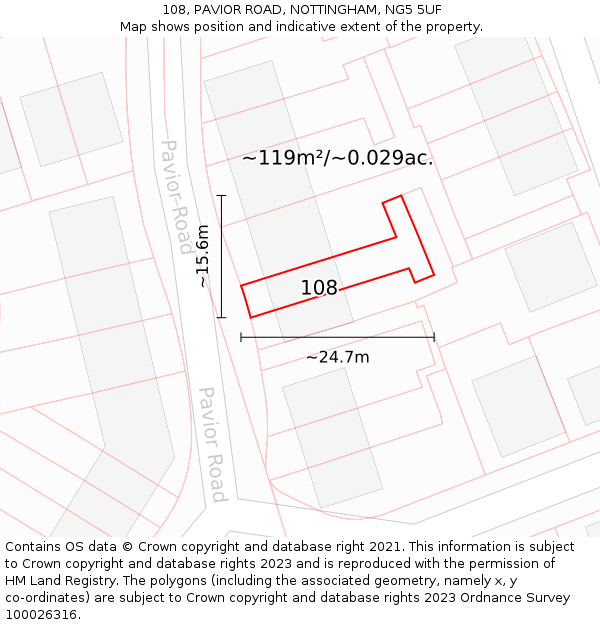 108, PAVIOR ROAD, NOTTINGHAM, NG5 5UF: Plot and title map