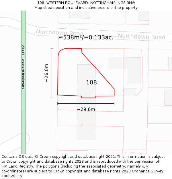 108, WESTERN BOULEVARD, NOTTINGHAM, NG8 3NW: Plot and title map