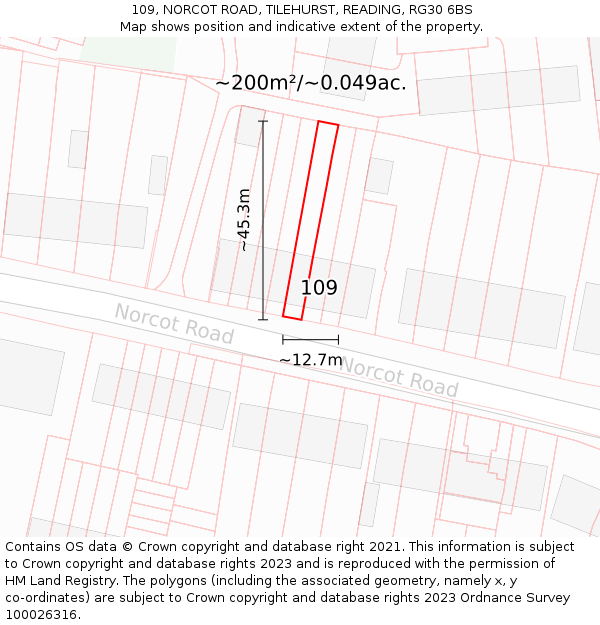 109, NORCOT ROAD, TILEHURST, READING, RG30 6BS: Plot and title map
