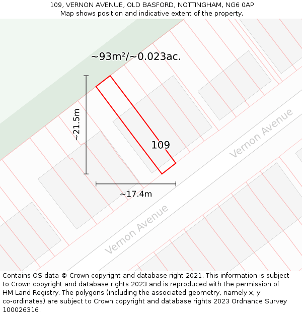 109, VERNON AVENUE, OLD BASFORD, NOTTINGHAM, NG6 0AP: Plot and title map