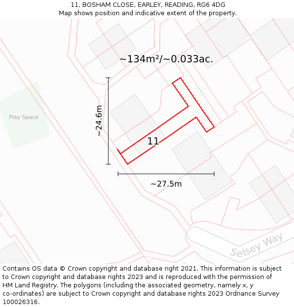 11, BOSHAM CLOSE, EARLEY, READING, RG6 4DG: Plot and title map
