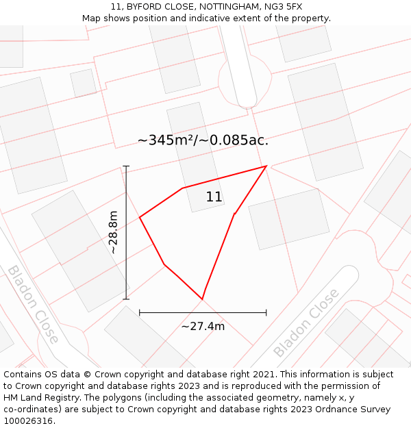 11, BYFORD CLOSE, NOTTINGHAM, NG3 5FX: Plot and title map