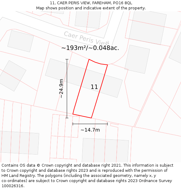 11, CAER PERIS VIEW, FAREHAM, PO16 8QL: Plot and title map