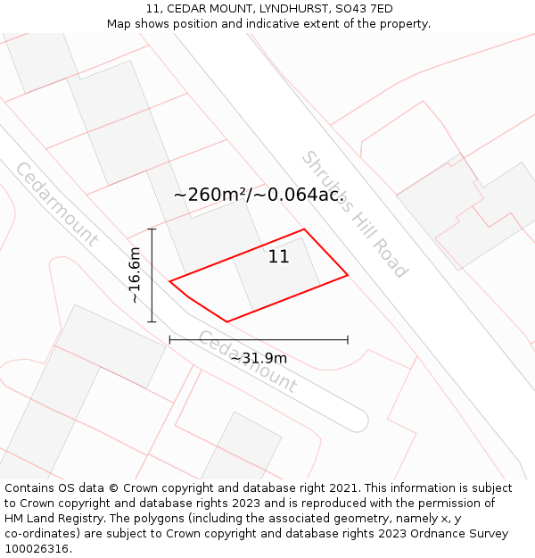 11, CEDAR MOUNT, LYNDHURST, SO43 7ED: Plot and title map