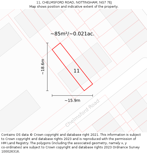 11, CHELMSFORD ROAD, NOTTINGHAM, NG7 7EJ: Plot and title map