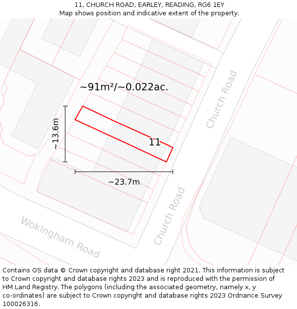 11, CHURCH ROAD, EARLEY, READING, RG6 1EY: Plot and title map