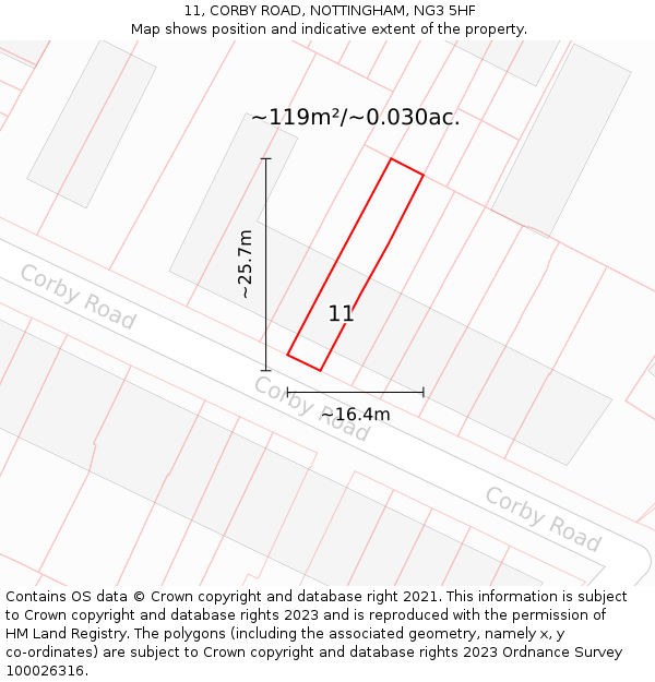 11, CORBY ROAD, NOTTINGHAM, NG3 5HF: Plot and title map