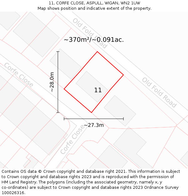 11, CORFE CLOSE, ASPULL, WIGAN, WN2 1UW: Plot and title map
