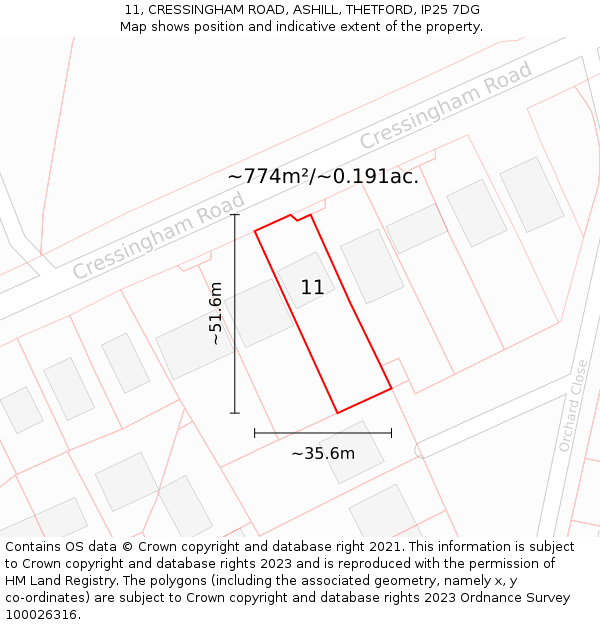 11, CRESSINGHAM ROAD, ASHILL, THETFORD, IP25 7DG: Plot and title map