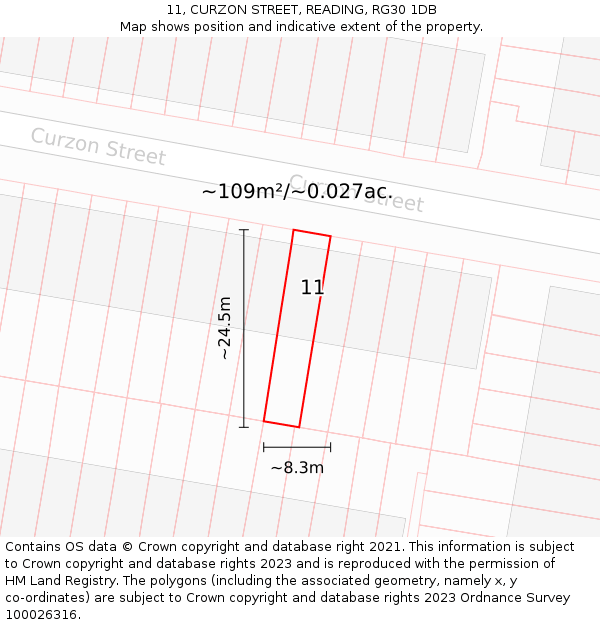 11, CURZON STREET, READING, RG30 1DB: Plot and title map