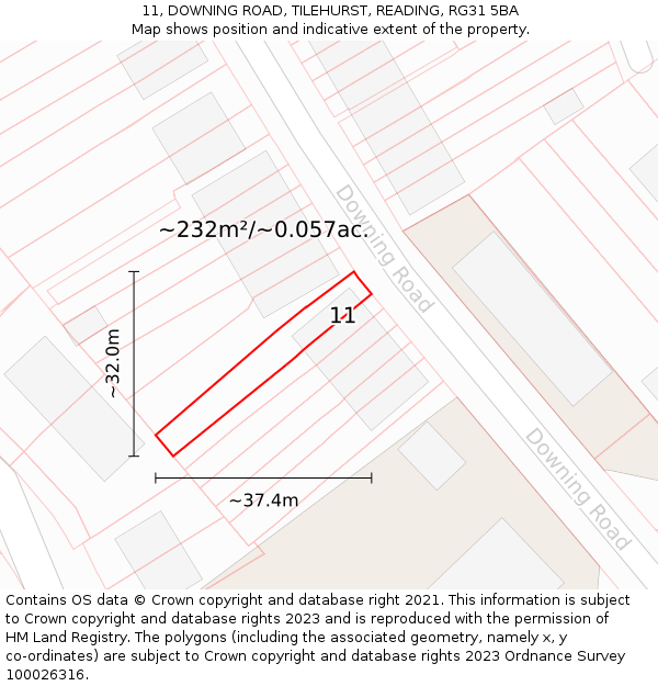 11, DOWNING ROAD, TILEHURST, READING, RG31 5BA: Plot and title map
