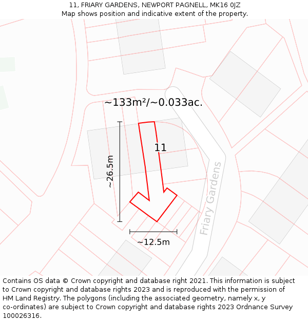 11, FRIARY GARDENS, NEWPORT PAGNELL, MK16 0JZ: Plot and title map