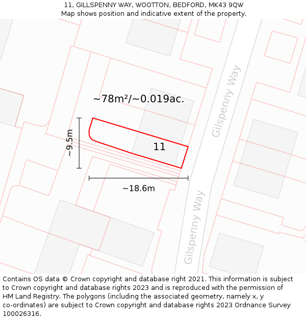 11, GILLSPENNY WAY, WOOTTON, BEDFORD, MK43 9QW: Plot and title map