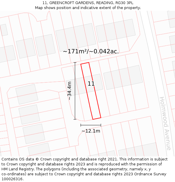 11, GREENCROFT GARDENS, READING, RG30 3PL: Plot and title map