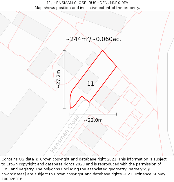 11, HENSMAN CLOSE, RUSHDEN, NN10 9FA: Plot and title map
