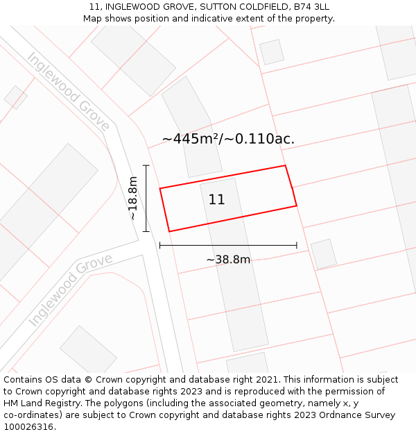 11, INGLEWOOD GROVE, SUTTON COLDFIELD, B74 3LL: Plot and title map