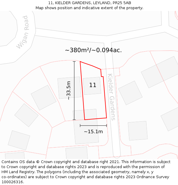11, KIELDER GARDENS, LEYLAND, PR25 5AB: Plot and title map