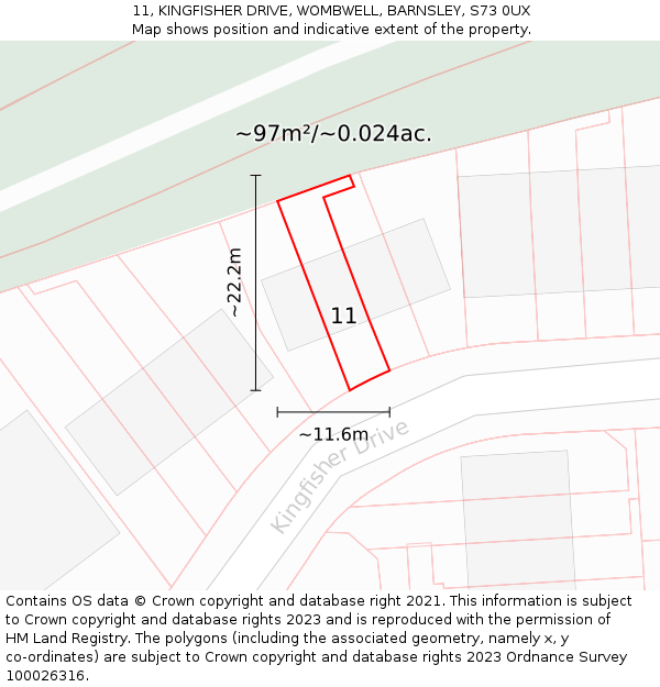 11, KINGFISHER DRIVE, WOMBWELL, BARNSLEY, S73 0UX: Plot and title map