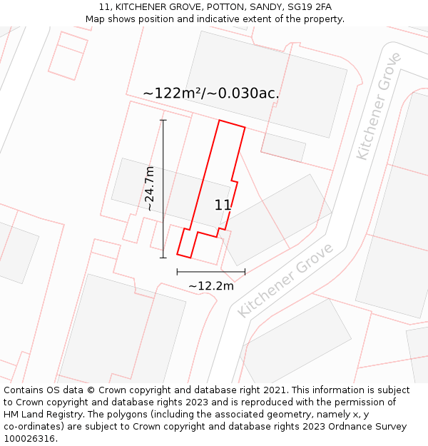 11, KITCHENER GROVE, POTTON, SANDY, SG19 2FA: Plot and title map