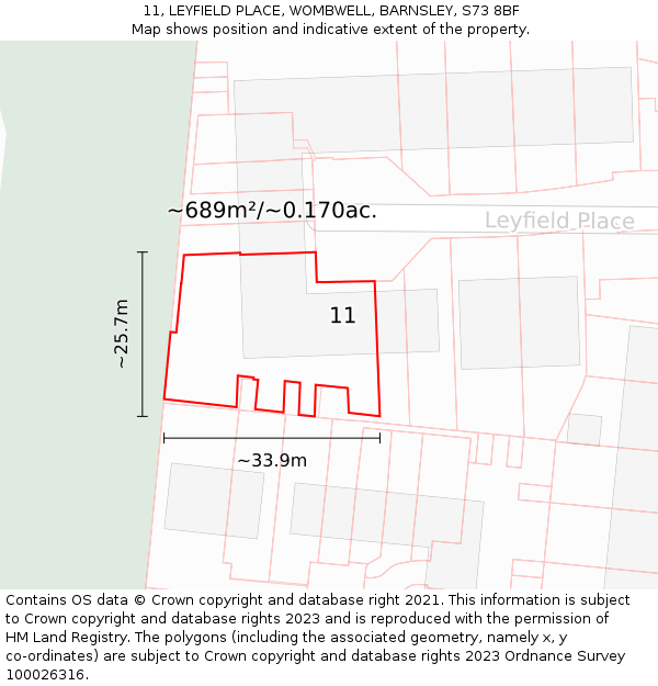 11, LEYFIELD PLACE, WOMBWELL, BARNSLEY, S73 8BF: Plot and title map