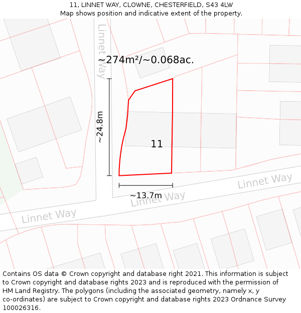 11, LINNET WAY, CLOWNE, CHESTERFIELD, S43 4LW: Plot and title map