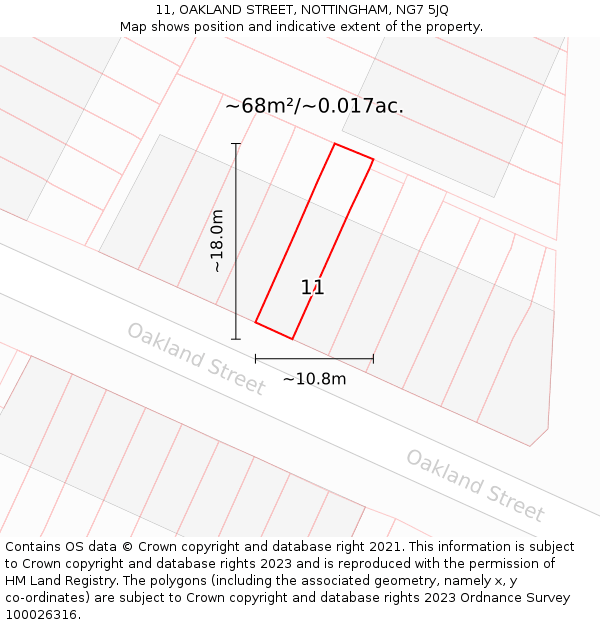 11, OAKLAND STREET, NOTTINGHAM, NG7 5JQ: Plot and title map