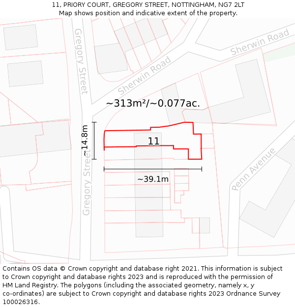 11, PRIORY COURT, GREGORY STREET, NOTTINGHAM, NG7 2LT: Plot and title map