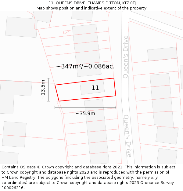 11, QUEENS DRIVE, THAMES DITTON, KT7 0TJ: Plot and title map