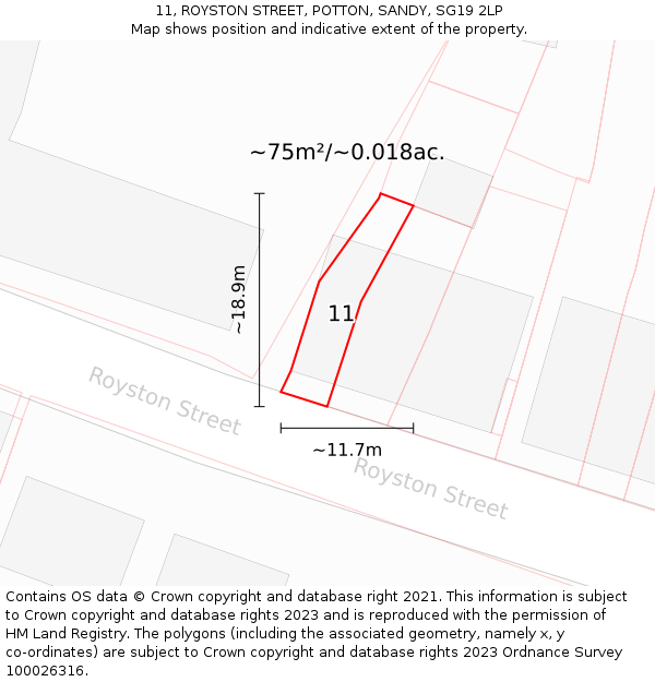 11, ROYSTON STREET, POTTON, SANDY, SG19 2LP: Plot and title map