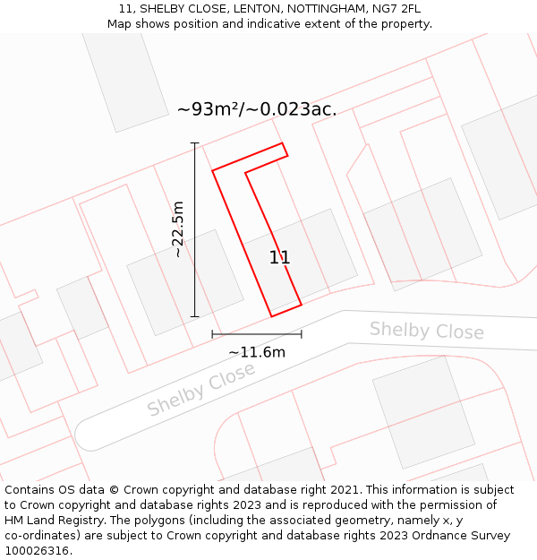 11, SHELBY CLOSE, LENTON, NOTTINGHAM, NG7 2FL: Plot and title map