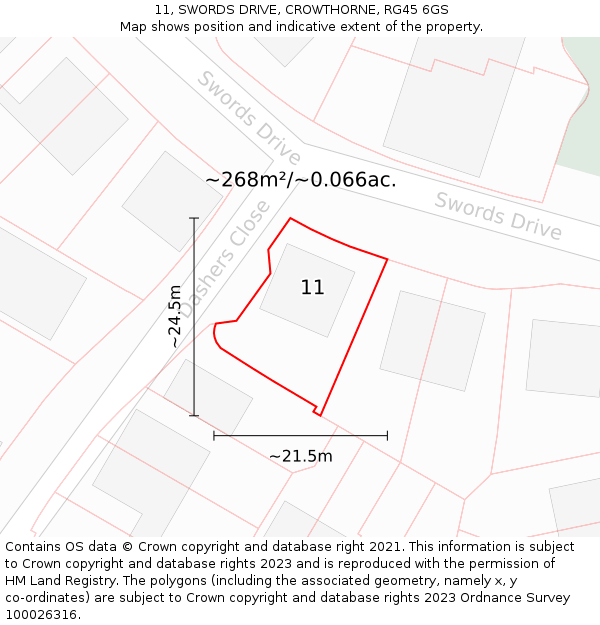 11, SWORDS DRIVE, CROWTHORNE, RG45 6GS: Plot and title map