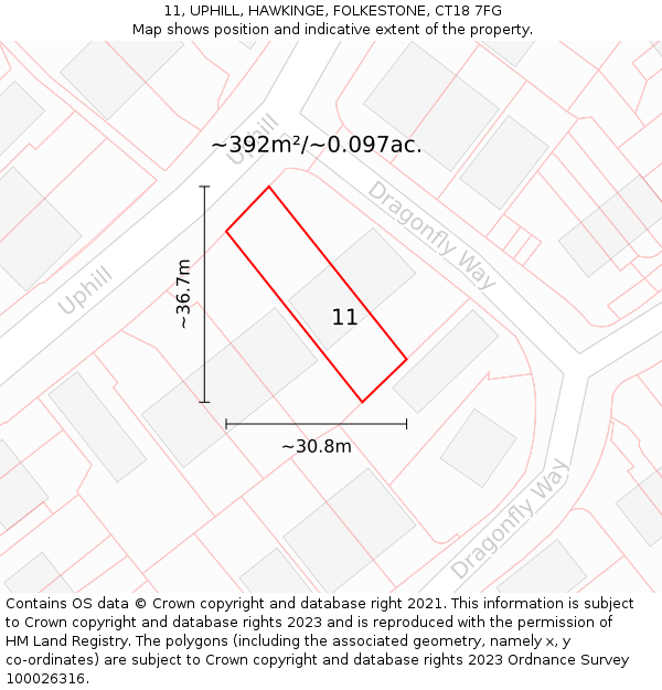 11, UPHILL, HAWKINGE, FOLKESTONE, CT18 7FG: Plot and title map