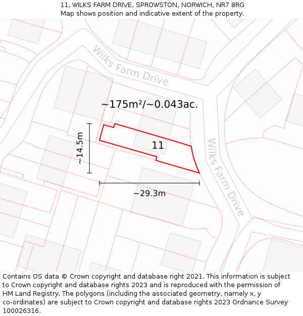 11, WILKS FARM DRIVE, SPROWSTON, NORWICH, NR7 8RG: Plot and title map