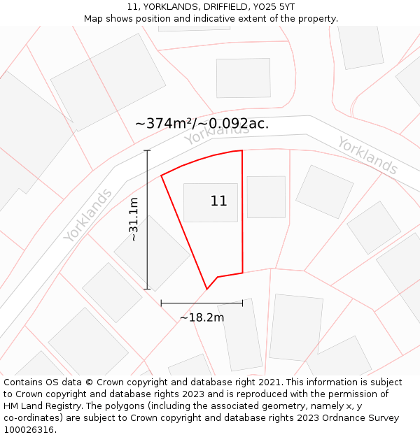 11, YORKLANDS, DRIFFIELD, YO25 5YT: Plot and title map