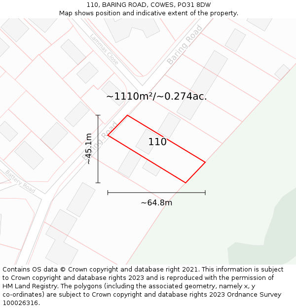 110, BARING ROAD, COWES, PO31 8DW: Plot and title map