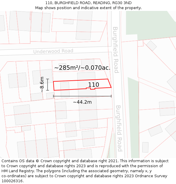 110, BURGHFIELD ROAD, READING, RG30 3ND: Plot and title map