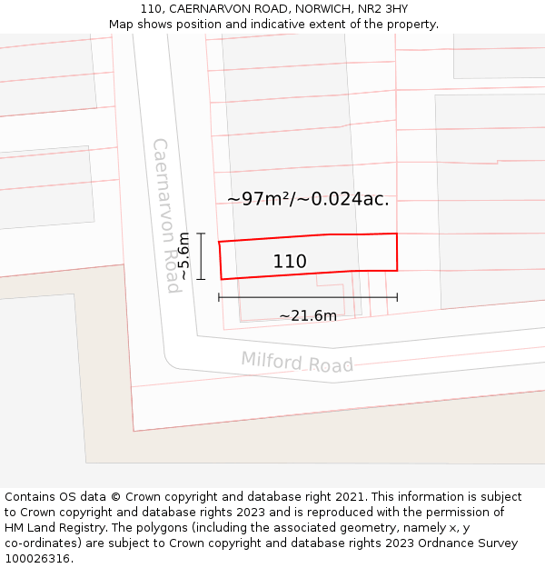 110, CAERNARVON ROAD, NORWICH, NR2 3HY: Plot and title map
