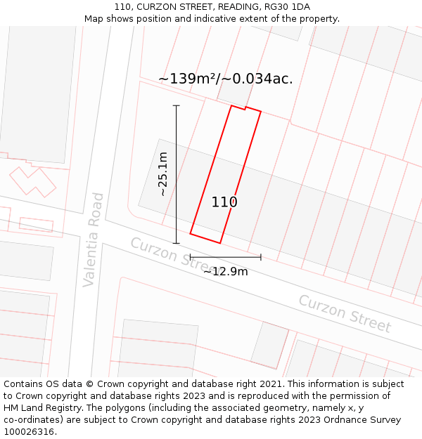 110, CURZON STREET, READING, RG30 1DA: Plot and title map