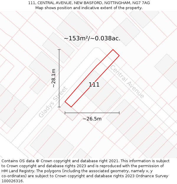 111, CENTRAL AVENUE, NEW BASFORD, NOTTINGHAM, NG7 7AG: Plot and title map