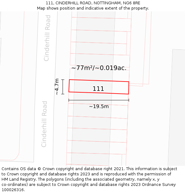 111, CINDERHILL ROAD, NOTTINGHAM, NG6 8RE: Plot and title map