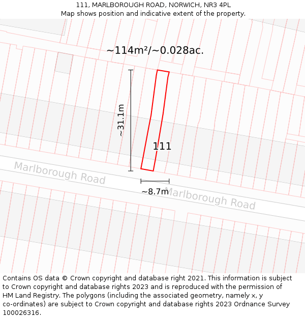 111, MARLBOROUGH ROAD, NORWICH, NR3 4PL: Plot and title map