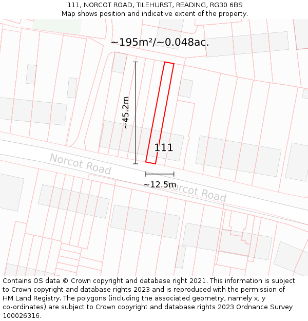 111, NORCOT ROAD, TILEHURST, READING, RG30 6BS: Plot and title map
