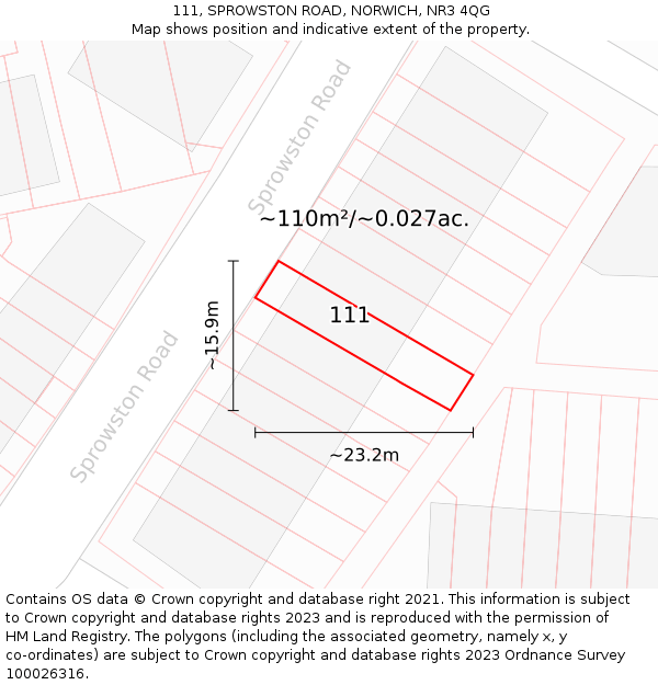 111, SPROWSTON ROAD, NORWICH, NR3 4QG: Plot and title map