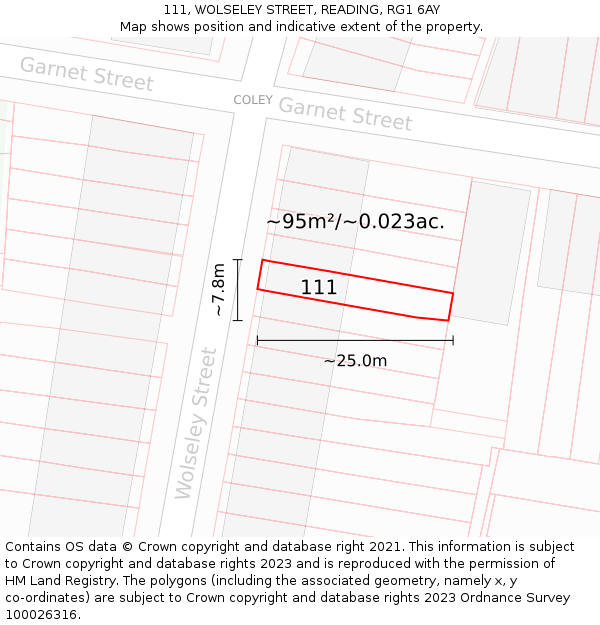 111, WOLSELEY STREET, READING, RG1 6AY: Plot and title map